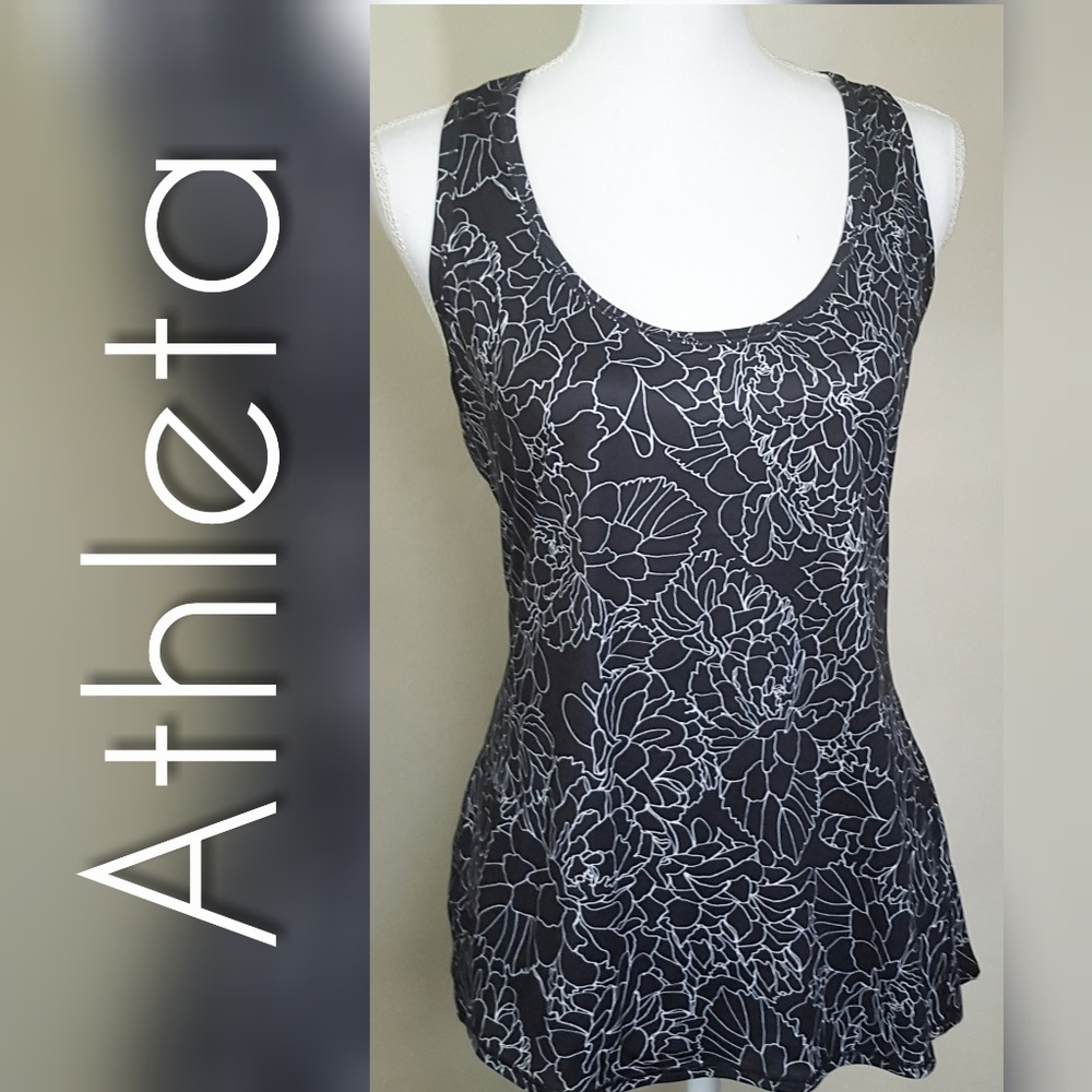 Athleta Top Tank Wht on Blk Floral Print Sz XL